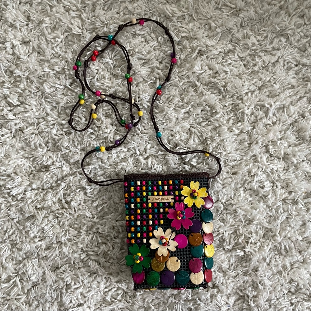 Vintage 90s Jamaican Colorful Wooden Beads Floral Crossbody Bag